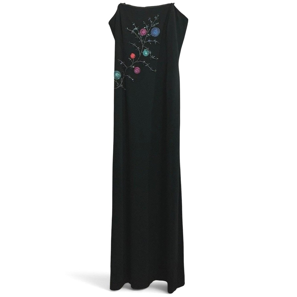 Vintage 90s Papell Boutique Evening Beaded Floral Black Strapless Maxi Gown 4 S
